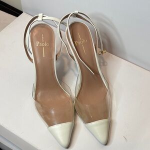 Paolo Clear Panel White Pointed Toe Slingback Heels
